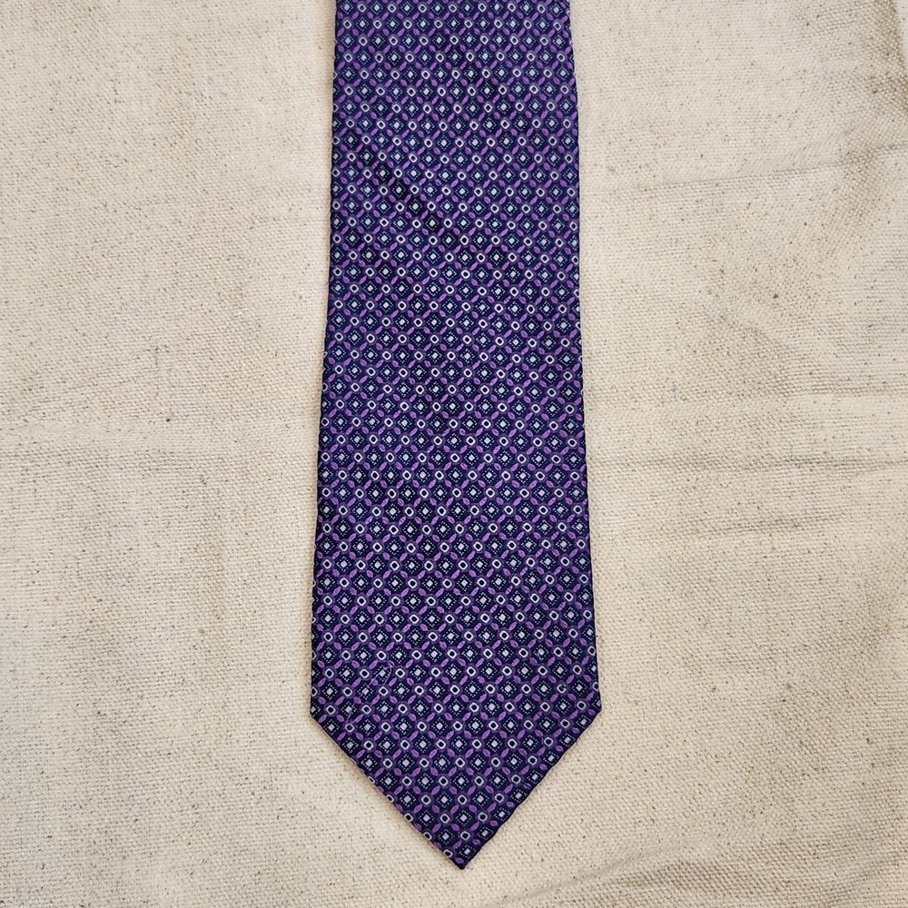Saks Fifth Avenue Mens Silk Tie Purple Blue Geometric Pattern Designer Neckwear